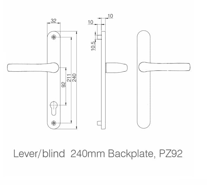blind dimensions 211 MILA PROLINEA LEVER/BLIND HANDLE 211mm SCREW CENTRES - Image 2