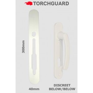 grey background with white door handle and hinge