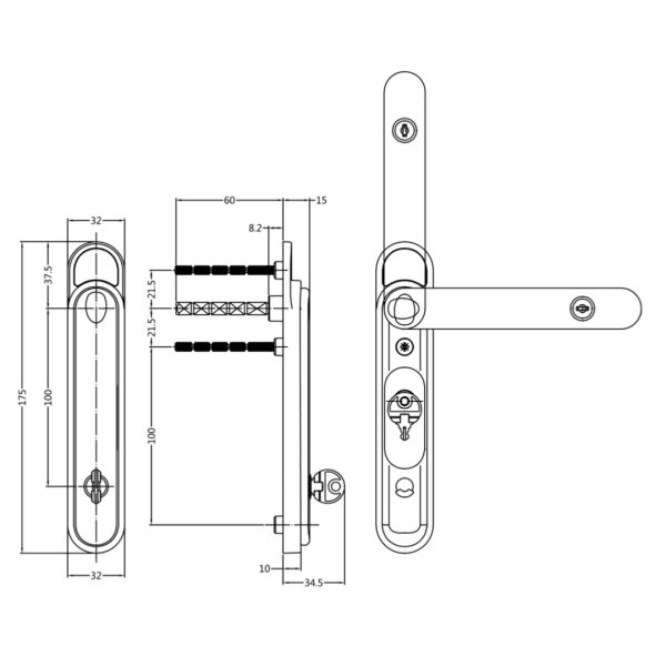 figure drawing of bi-fold door handle on white background