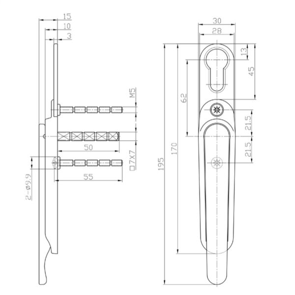 figure drawing of bi-fold door handle on white background