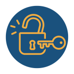 blue circle with key unlocking padlock icon