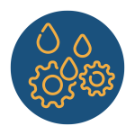 blue circle with yellow outline of cogs and water drops